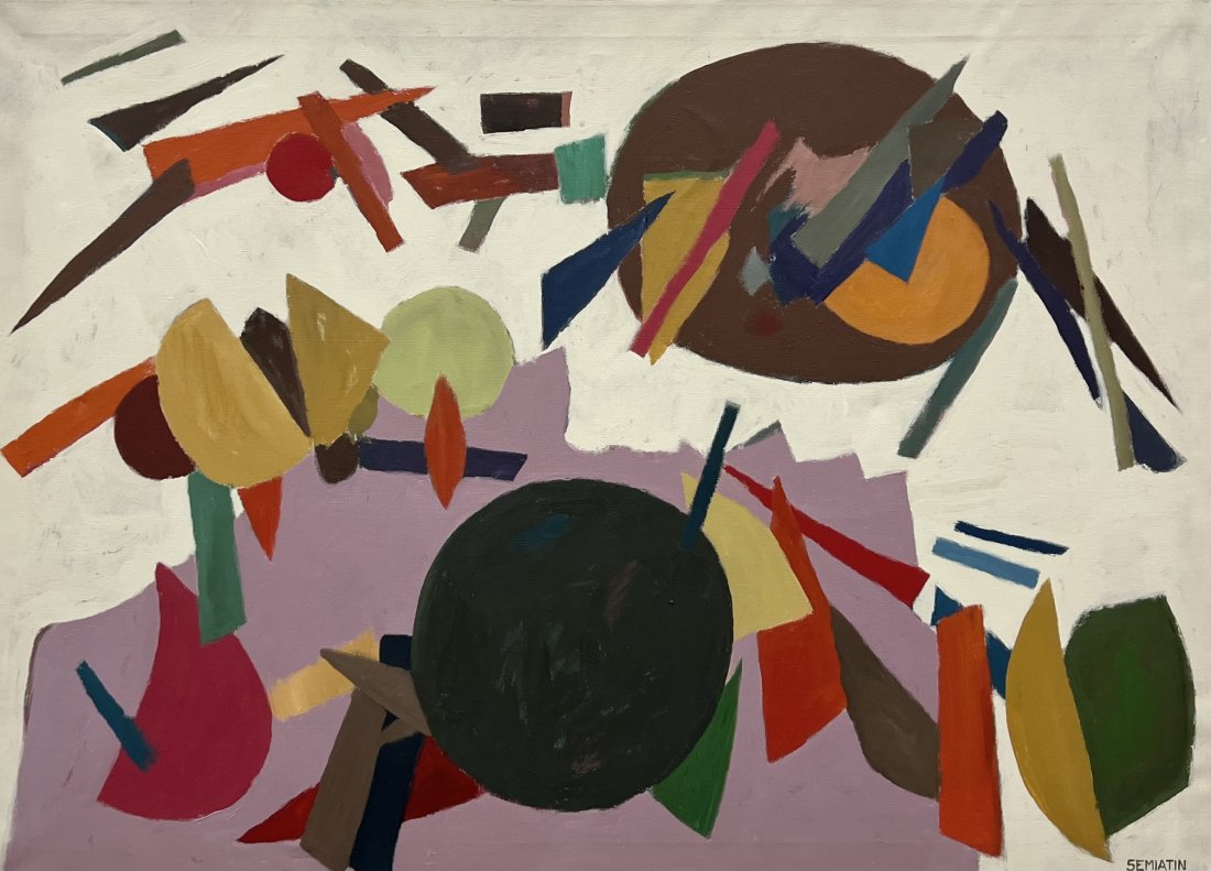 JACOB MOSES SEMIATIN (1915-2003, American) Large Abstract: Oil on canvas 50 x 36 in. From askart.com: Jacob Semiatin was an American painter working in watercolor, acrylic and oil. Born in Ireland to Hungarian Jewish parents, his family immigrated in 1920 to 