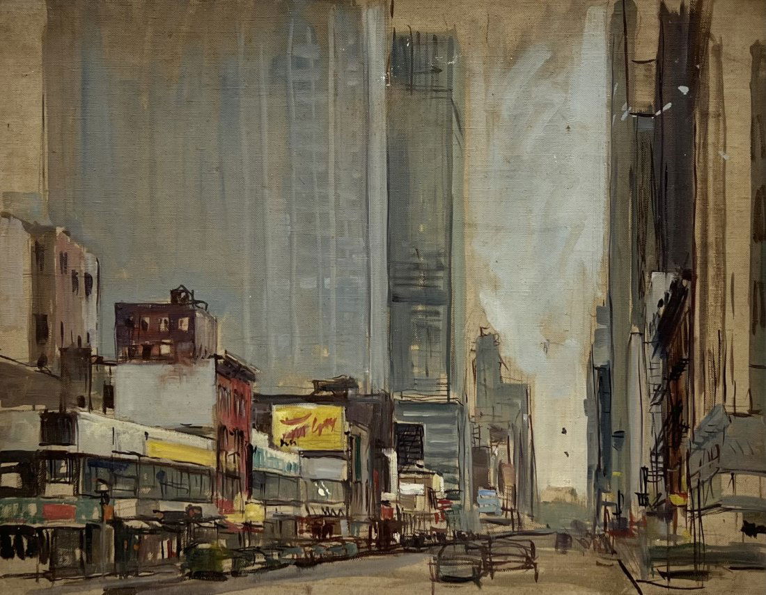 TORE ASPLUND (1903-1978, American) New York City Street Scene: Looks like broadway. Oil on board 18 x 14 in. Tore Asplund was brought to the United States when he was a year old. He studied in New York at the Art Students League, the Academy school, and the Grand