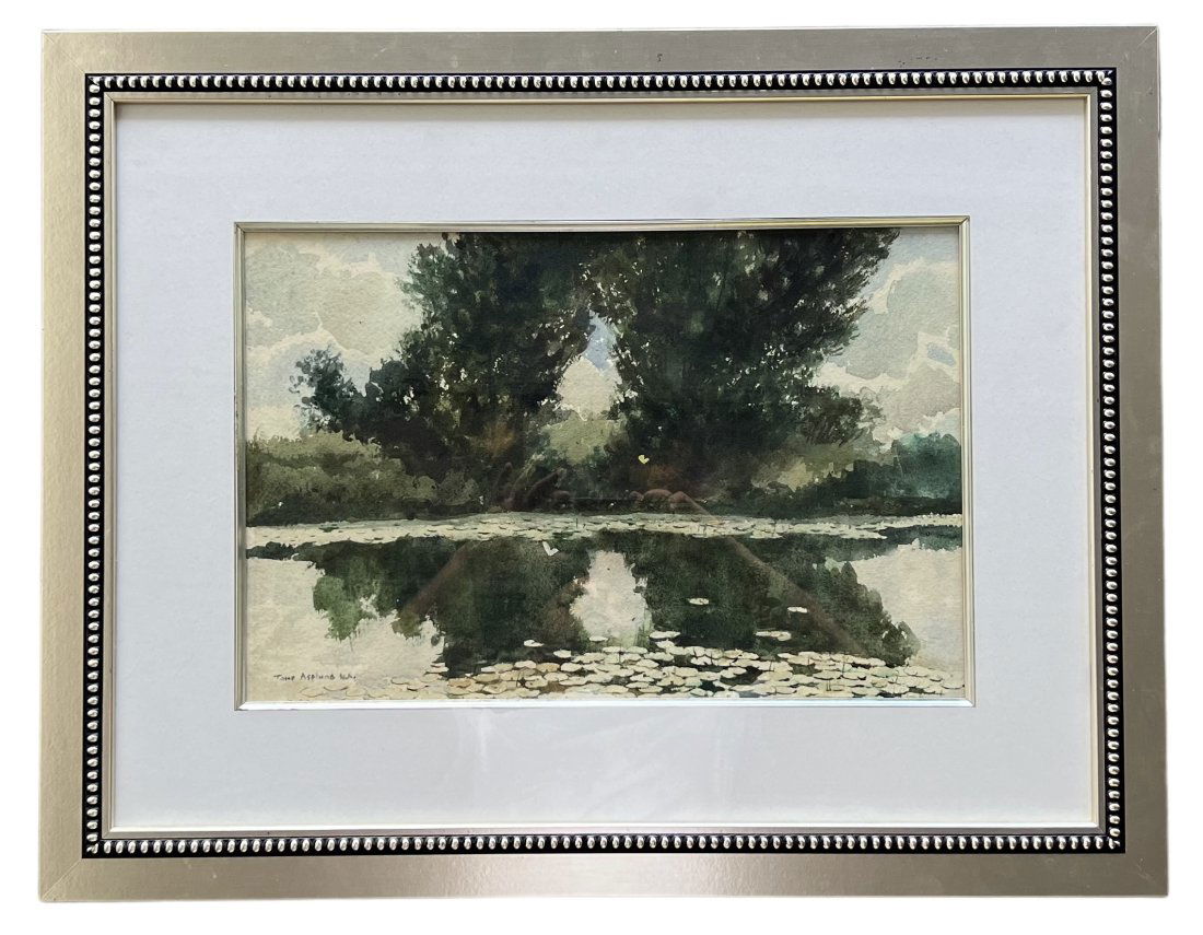 TORE ASPLUND (1903-1978, American) Pond Landscape: Watercolor on paper 20 1/4 x 13 1/4 in, 31.5 x 24.5 in.(framed). Tore Asplund was brought to the United States when he was a year old. He studied in New York at the Art Students League, the Academy sc
