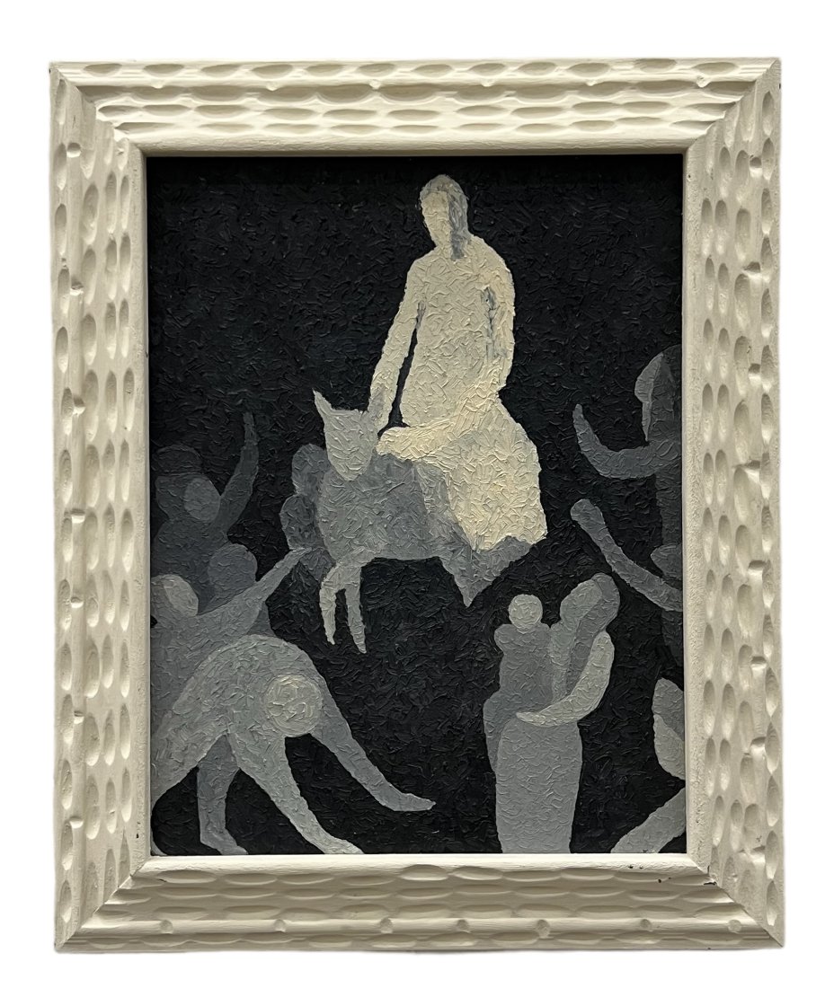 Mid-Century Modern Black & White Abstract w/ Figures: Oil on board 18 x 14 in, 22.5 x 18.5 in (framed)