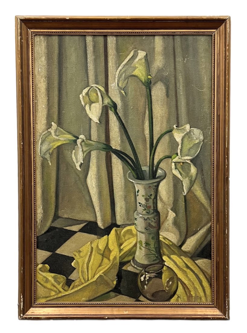 Modernist Floral Still Life Painting, Double Sided, Unsigned: Oil on masonite 35 1/2 x 23 1/2 in, 40 x 28 in (framed)