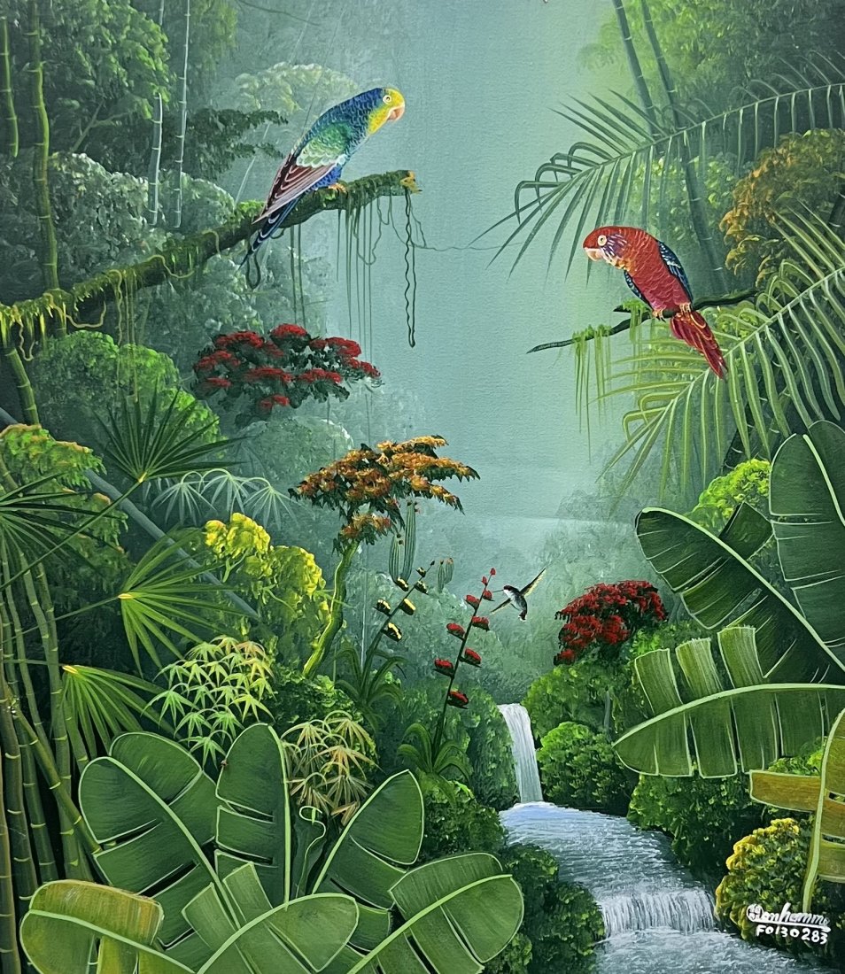 ALBOTT BONHOMME (b. 1963, Haitian) Jungle Landscape: Oil on canvas 23 x 20 in