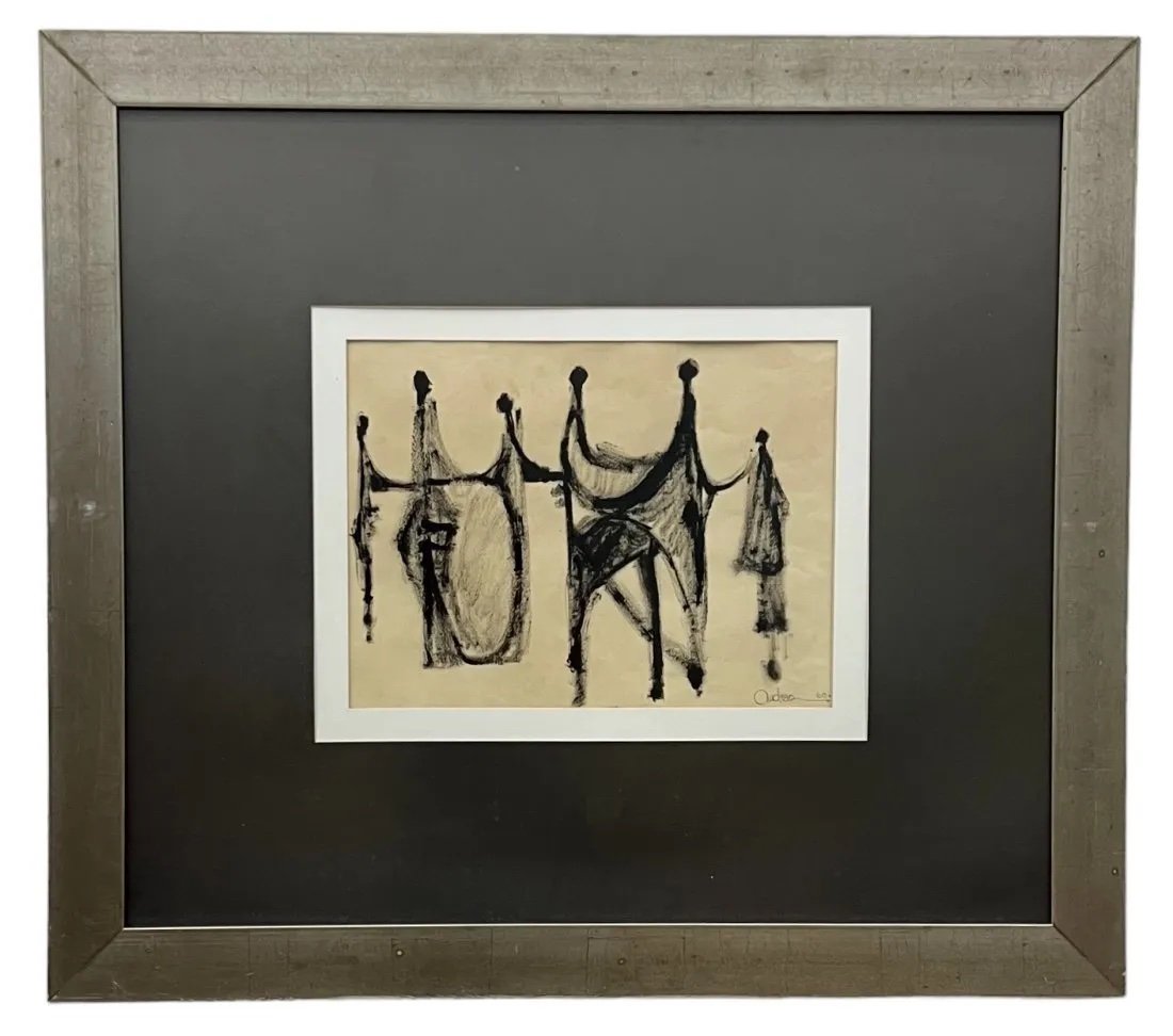 1960's Mexican Modernism Abstract w/ Figures, Signed Unknown Artist: Watercolor on paper 17 x 13 in, 38 x 34 in (framed)
