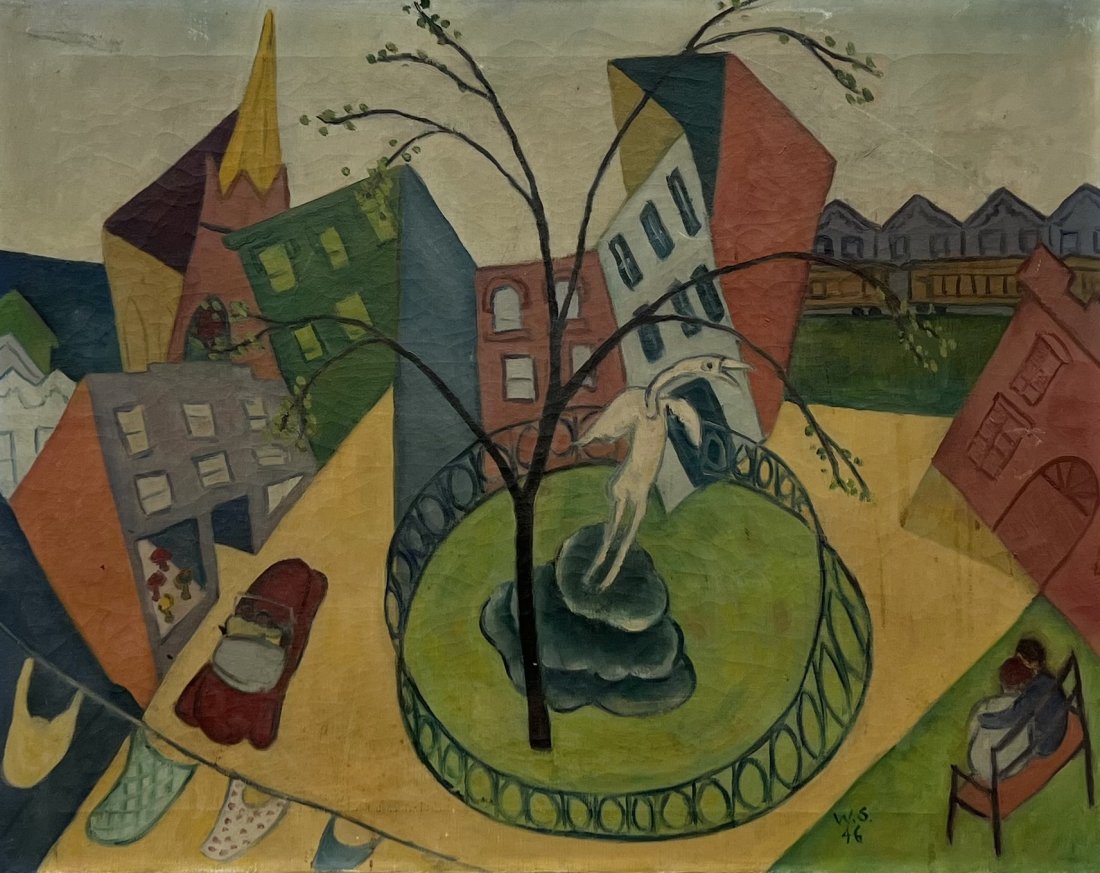 1940's Surrealist Cubist Village Scene. Monogrammed: Oil on canvas 28 x 22 in
