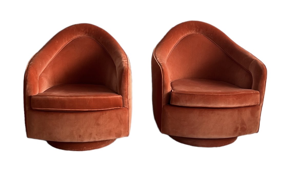 Milo Baughman Swivel Lounge Chairs: 30 x 27 x 32 in, 17 in seat height.