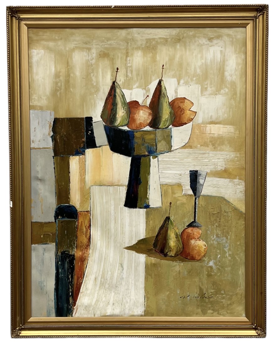 Large Modernist Still Life, Signed: Size 48 x 36 in, 54 x 42 in (framed)