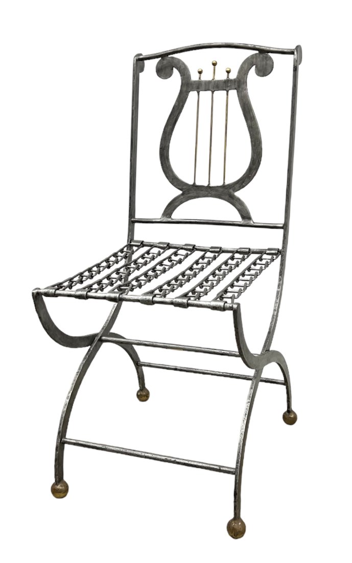 Vintage Maitland Smith Iron Lyre Back Folding Chair: 36 x 18 x 16 x 18 SH
