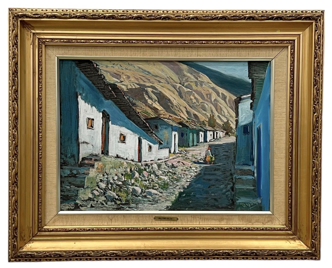 HECTOR VELOZ (b. 1931, Uruguay) Village Scene, Landscape: Oil on canvas 21.5 x 16 in, 31 x 25 in (framed)