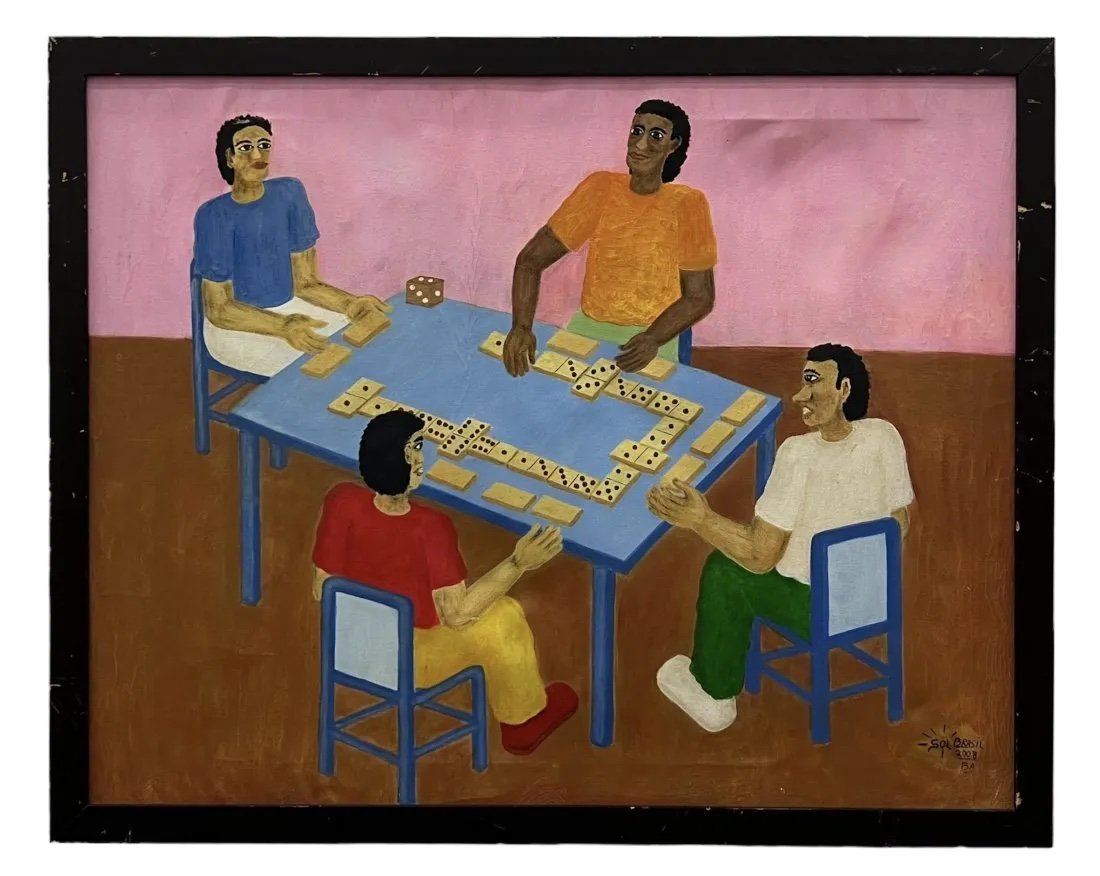 Brazilian Folk Art Painting Men Playing Dominoes, Signed: Oil on canvas 32 x 26 in (framed)