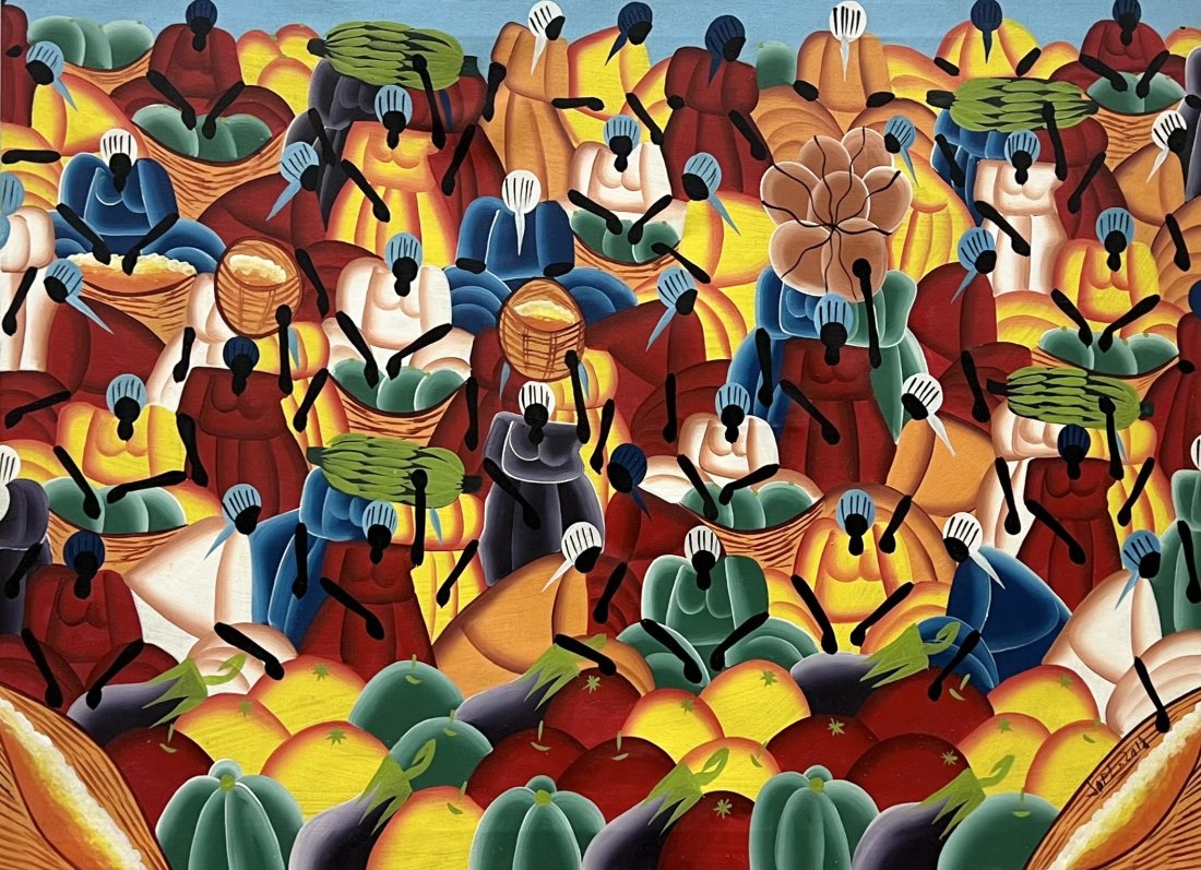 Vintage Haitian Painting: Oil on canvas 39.5 x 29 in