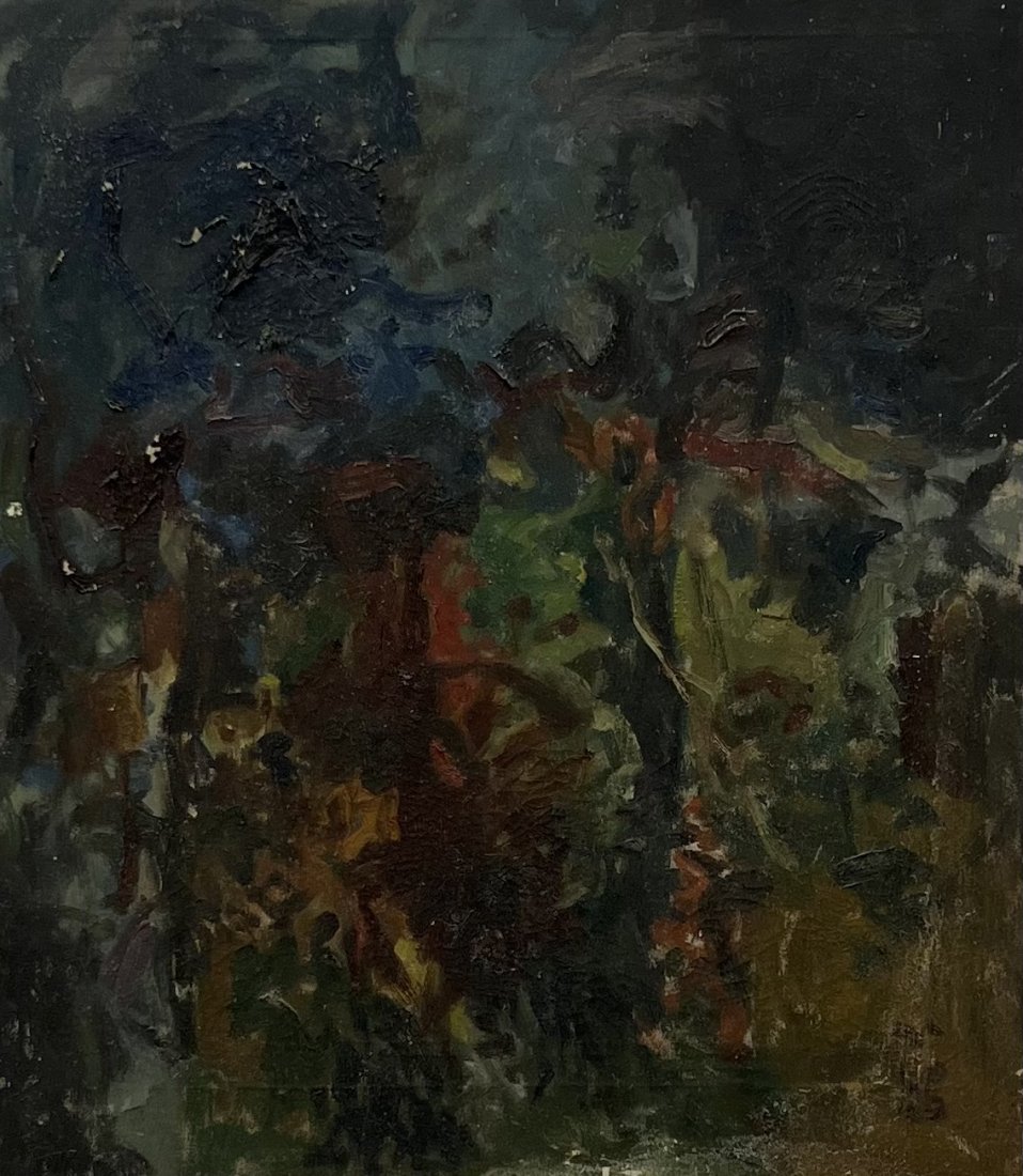 Early Mid-Century Modern Abstract Expressionist Painting, Illegible Signature: Oil on canvas 30 x 26.5 in