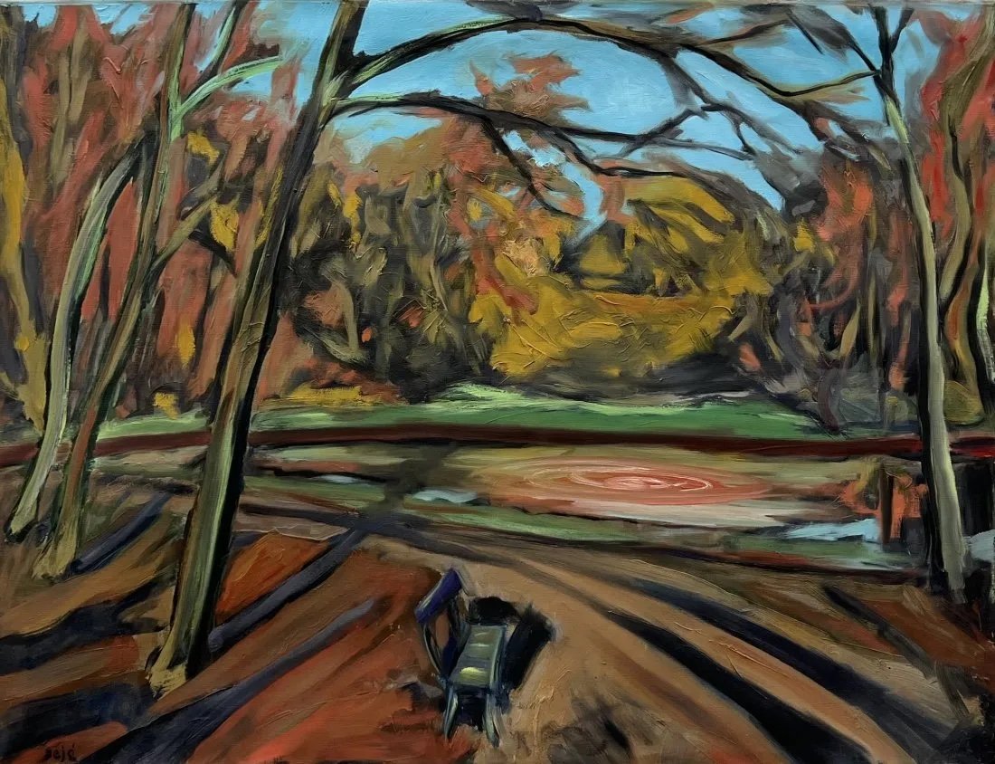 1930's WPA Era Modernist Park Scene Writing Verso Artist Unknown, Signed: Oil on canvas 34.5 x 26.5 in