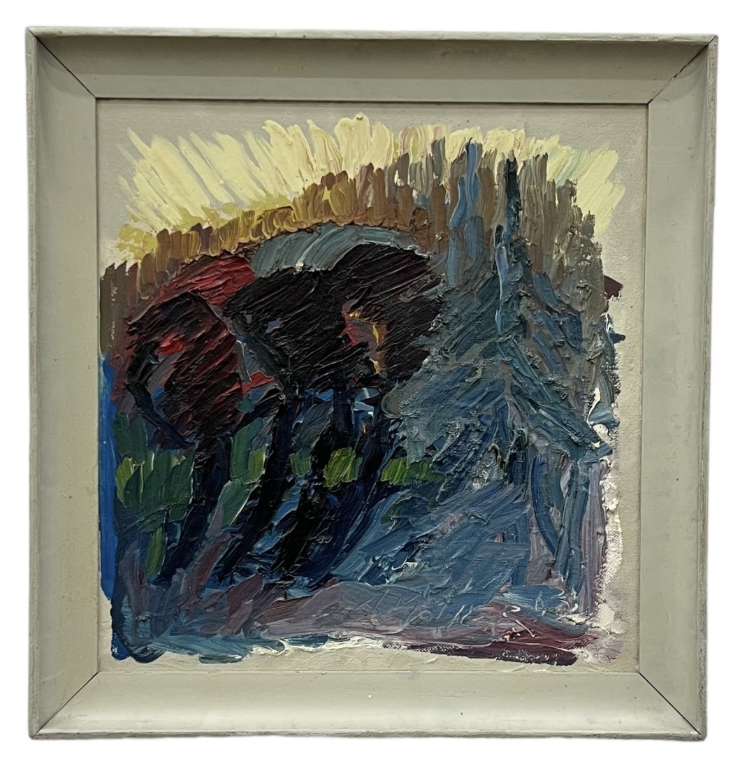 Mid-Century Abstract Painting Signed & Dated 1963, Unknown Artist: Oil on board 18 1/4 x 19 in, 22 x 22 1/2 in (framed). Possibly signed "Moller"