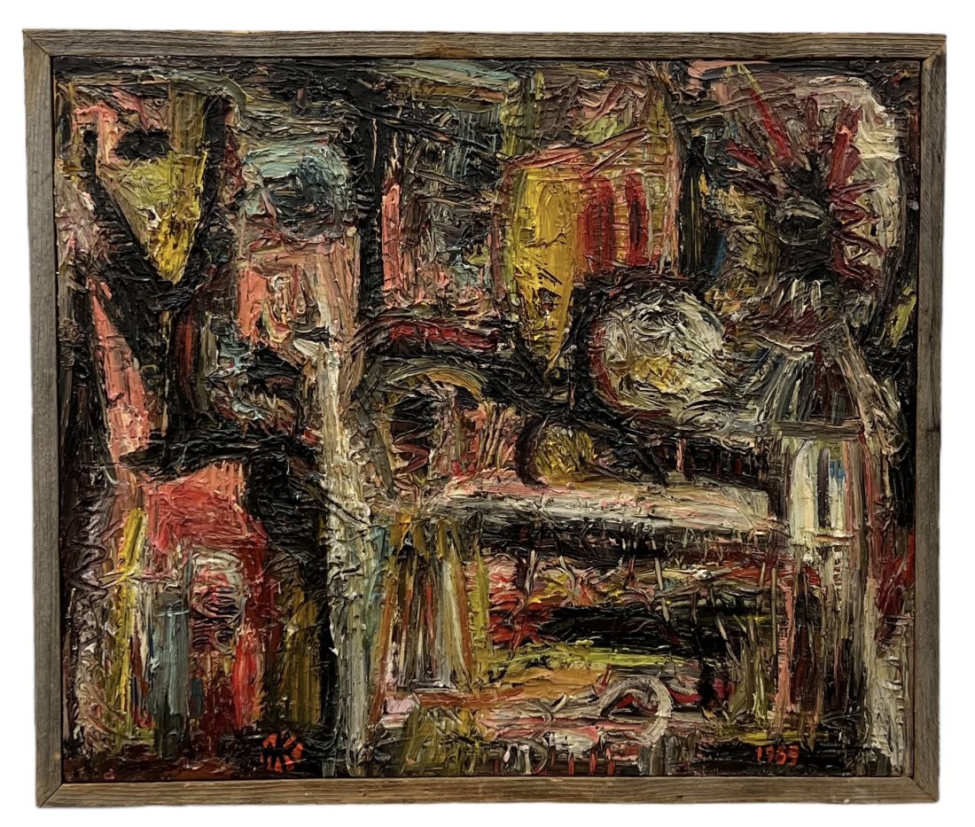 Mid-Century Abstract Painting Monogrammed & Dated 1969, Unknown Artist: Oil on canvas 30.5 x 25 in. Heavy impasto