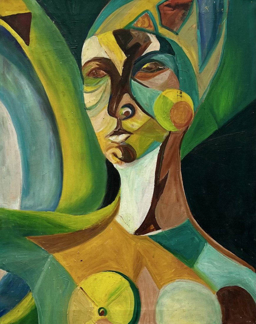 1960's Cubist Abstract Portrait By Unknown Artist: Oil on canvas 30 x 25 in