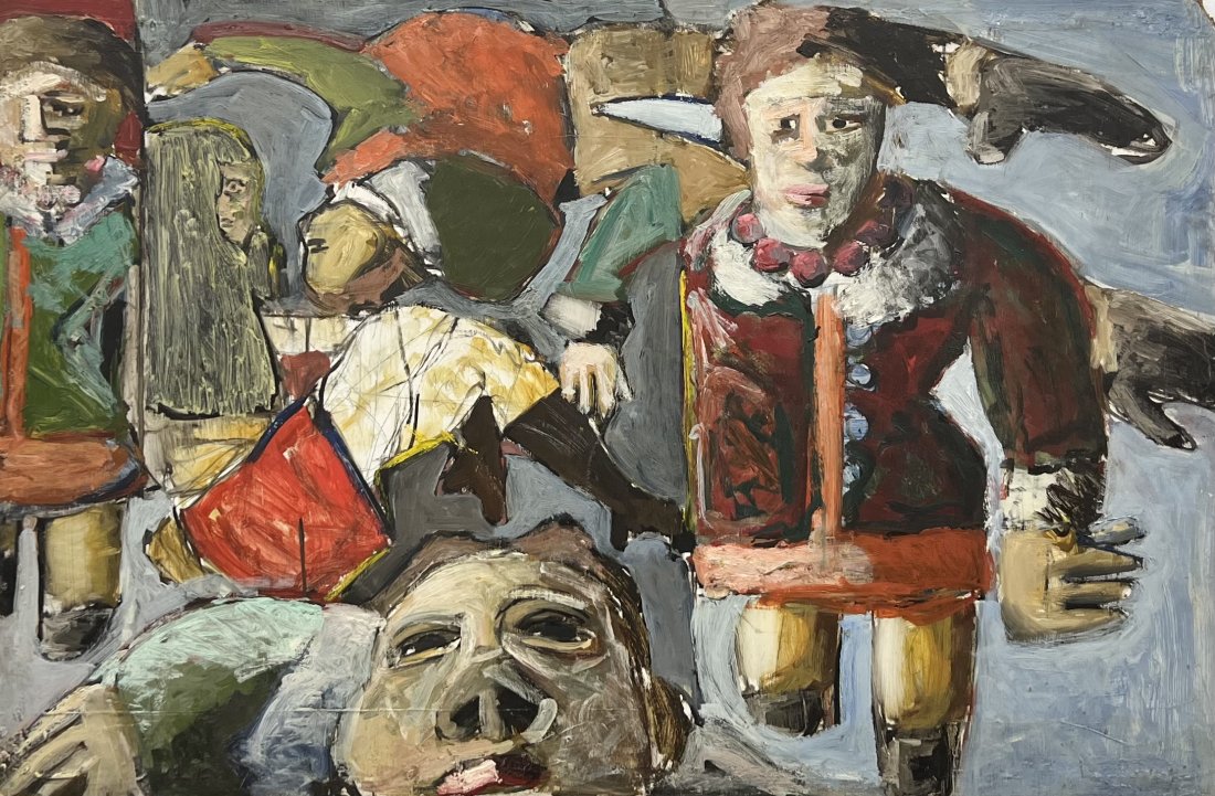 RICHARD SNYDER (20th c, American) Abstract w/ Figures: Oil on masonite 42 x 27.5 in