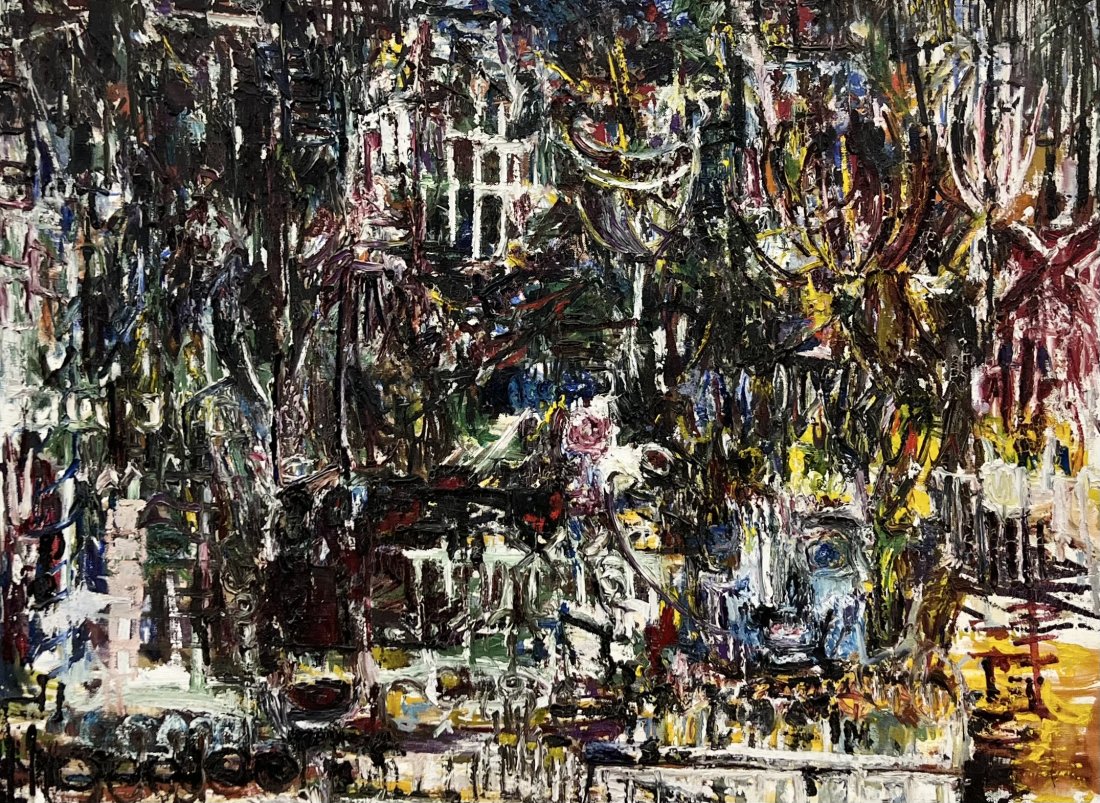 Mid-Century Modern Abstract Painting Signed By Unknown Artist: Oil on canvas 35 x 26 in