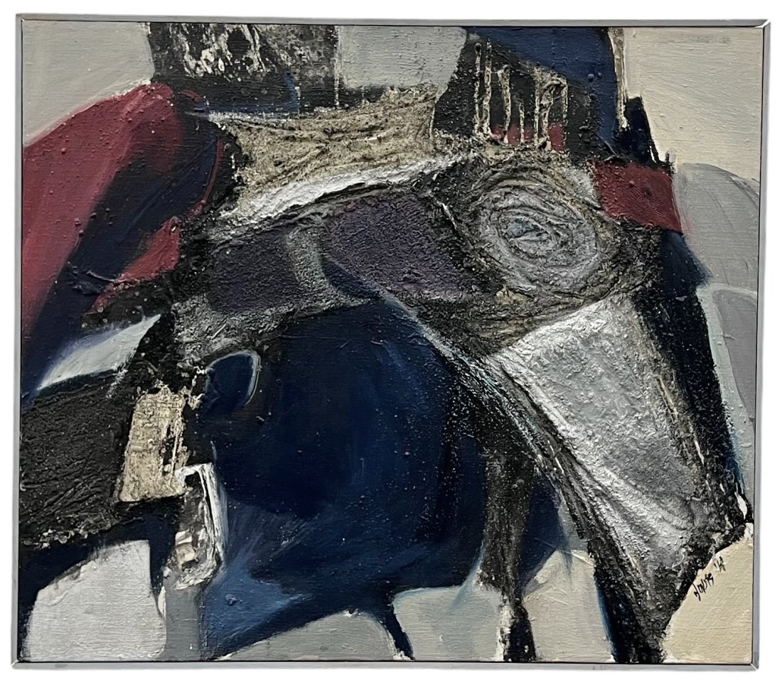 Mid-Century Abstract Expressionist Painting, Signed: Oil and mixed media on canvas 30 x 26 in