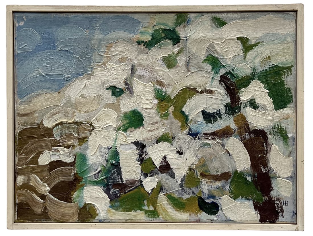 Mid-Century Modern Abstract Painting, Signed: Oil on canvas 16 x 12 in