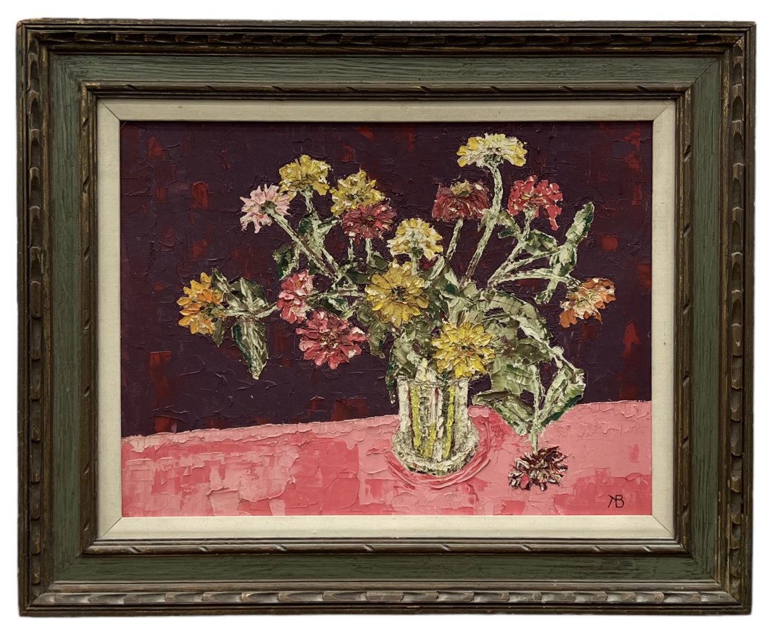 Vintage Modernist Still Life Of Flowers, Monogrammed, Heavy Impasto: Oil on board 26 x 20 in, 32 x 26 in (framed)