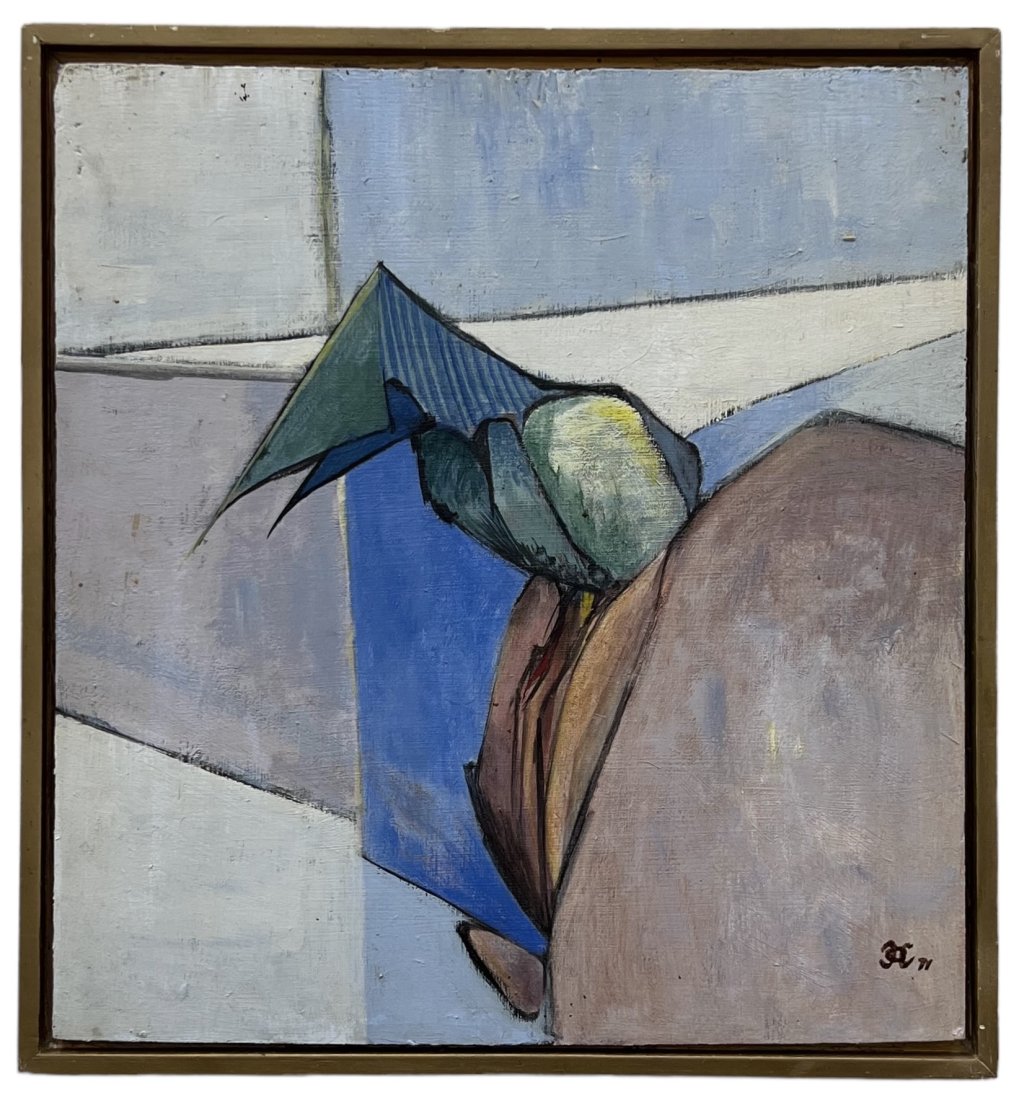 Mid-Century Modern Abstract Signed & Dated 1971: Oil on board 16 x 15 in