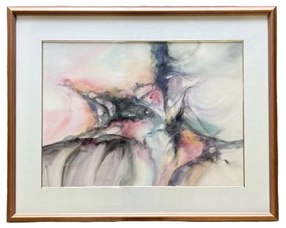 Vintage Abstract Expressionist Painting, Signed: Watercolor on paper 29 x 21 in, 39.5 x 31.5 in (framed)