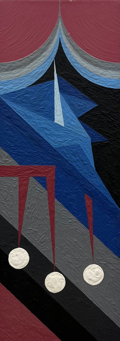 Mid-Century Modern Hard Edge Abstract, Unknown Artist: Oil on canvas 36 x 16 in, 37 x 17 in (framed)