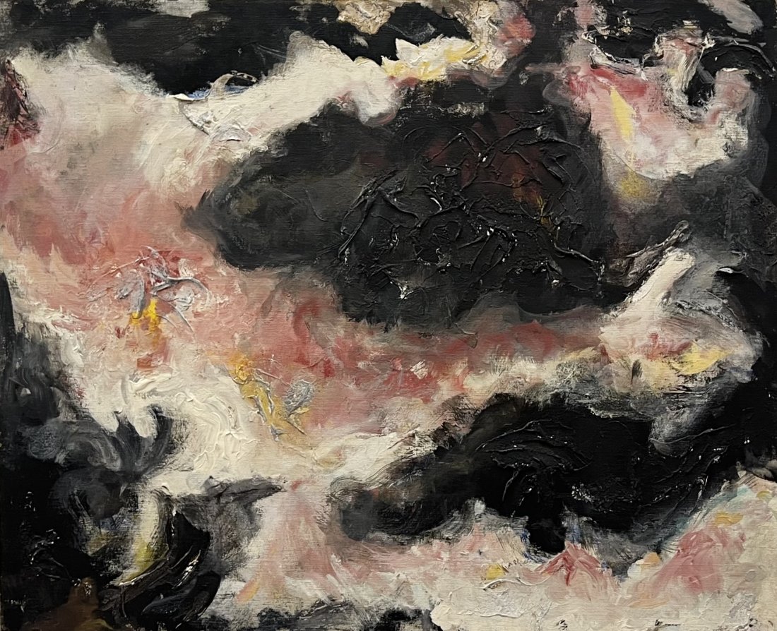 Mid-Century Modern Abstract Painting: Oil on canvas 32 x 26 in