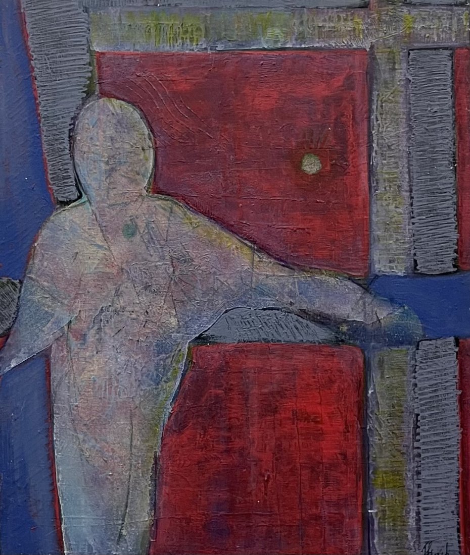 RON FLOYD (20th c, American) Abstract w/ Figure: Oil and collage on canvas 28 x 23.5 in