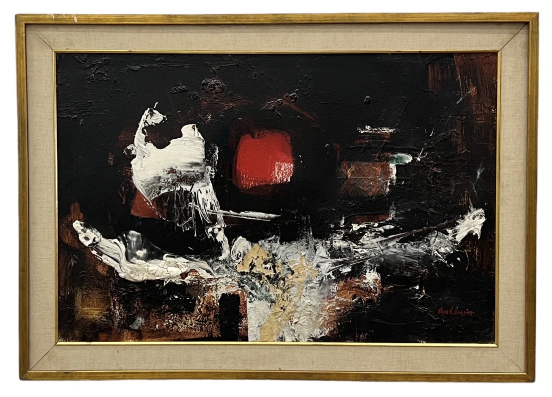 CHARLES E BARNES (1915-2005, American) Abstract, Indiana Artist: Oil on canvas 36 x 24 in, 41.5 x 29.5 in (framed).Charles E. Barnes, died March 31, 2005, he lived in Nashville, Indiana for many years and operated the Chas. E. Barnes Art Center across from the entr