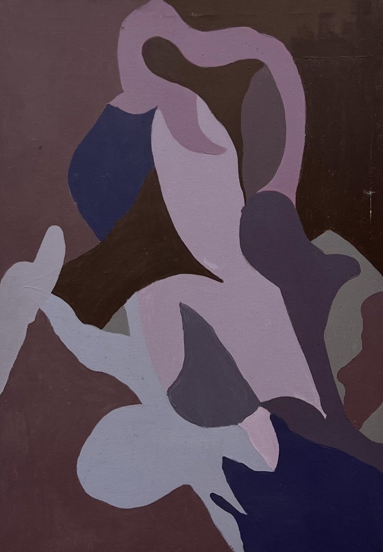 Mid-Century Modern Hard Edge Abstract Painting, Unsigned: Oil on canvas 40 x 28 in