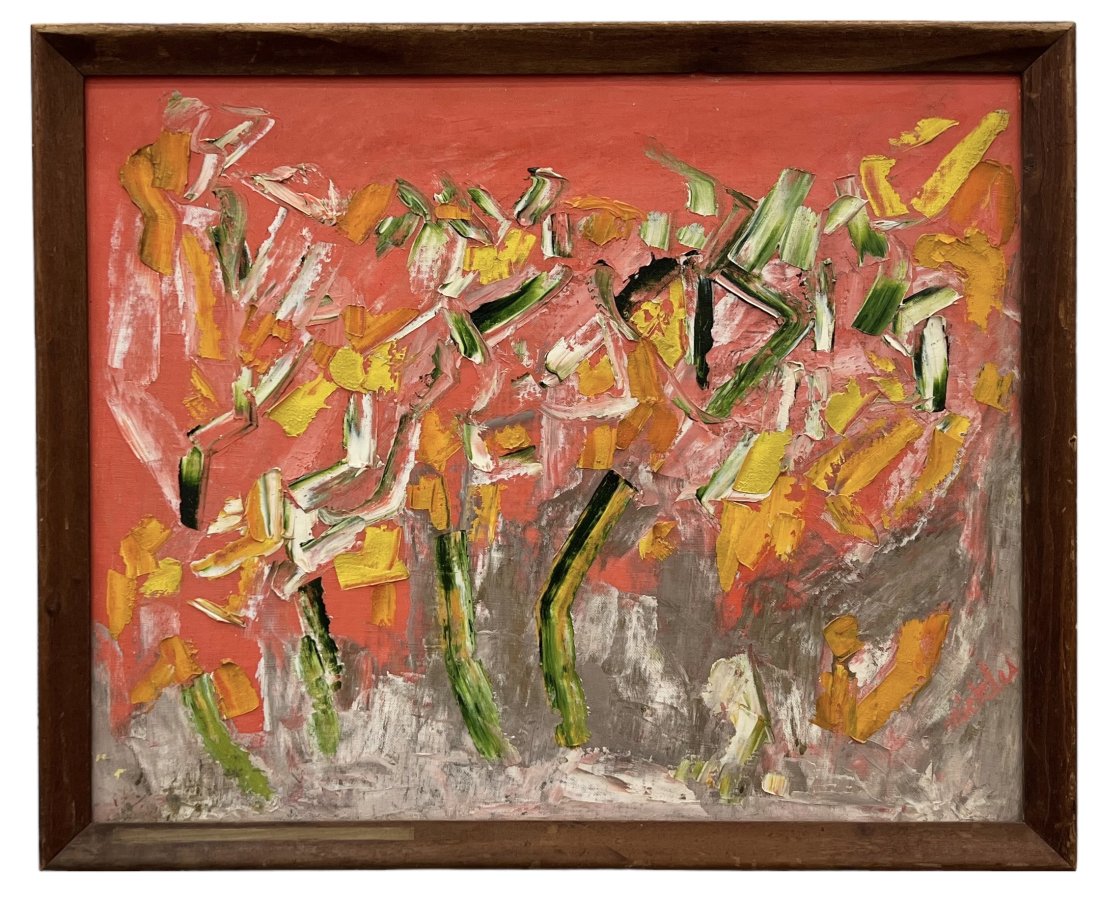 Mid-Century Modern Abstract Painting, Signed: Oil on board 20 x 16 in, 21.5 x 17.5 in (framed)
