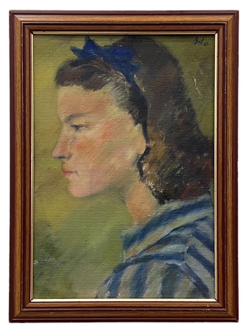 Mid-Century European School Modernist Portrait Of A Girl, Illegible Signature: Oil on canvas 16.5 x 11.5 in, 19 x 14 in (framed)