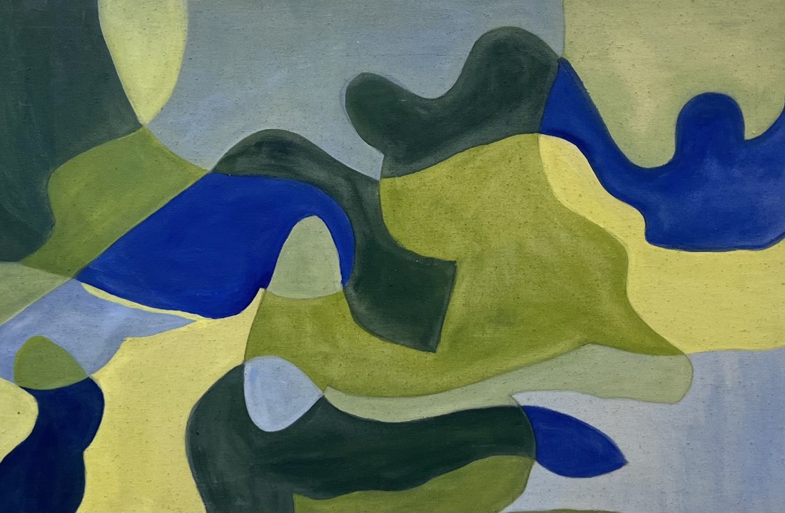 Mid-Century Modern Abstract Painting Dated 1970, Unsigned: Oil on canvas 36 x 24 in