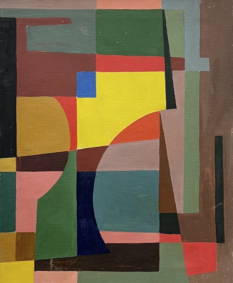 Mid-Century Cubist Abstract Painting, Unsigned: Oil on canvas 20 x 16 in