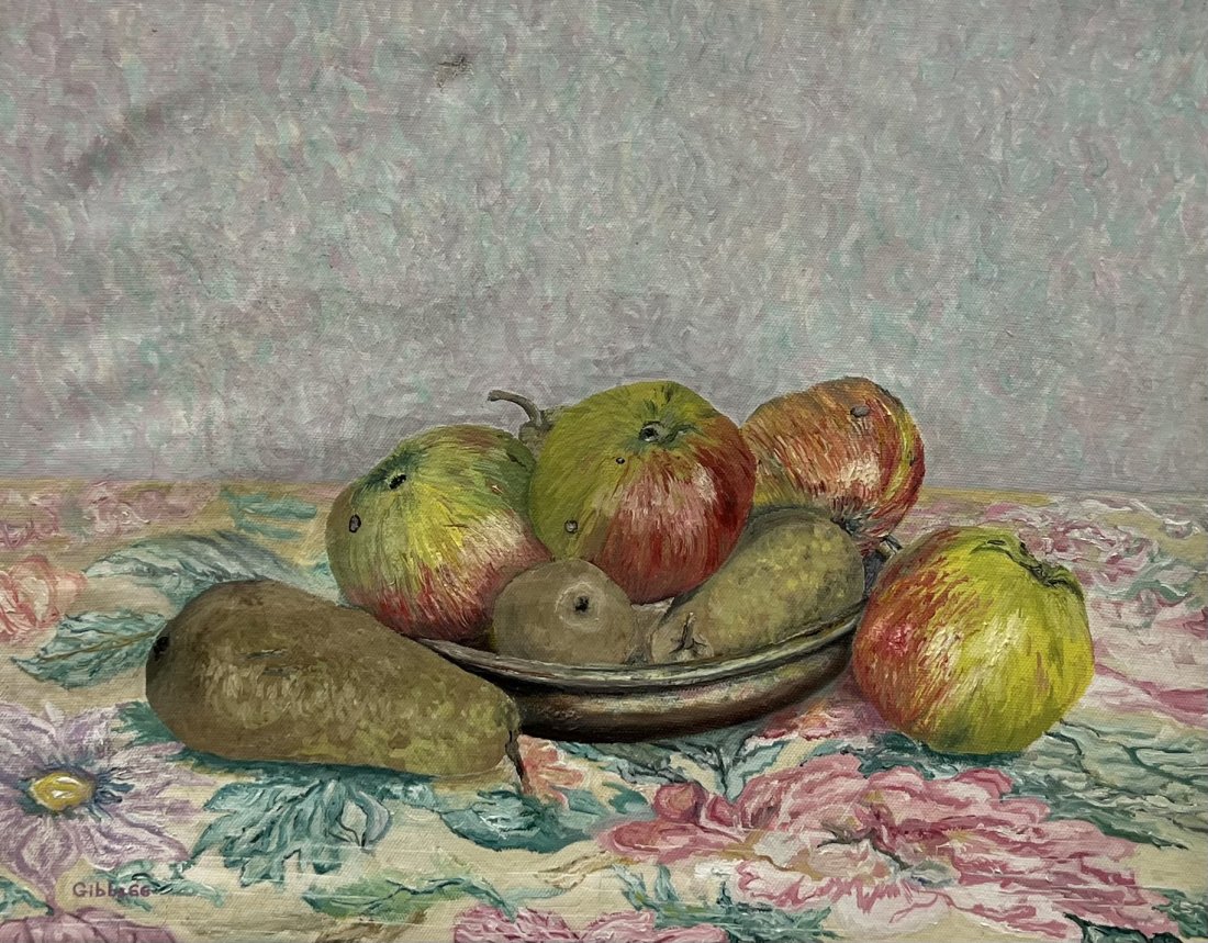 1960's American Modernist Still Life Of Apples & Pears, Signed Gibbs: Oil on canvas 18 x 14 in