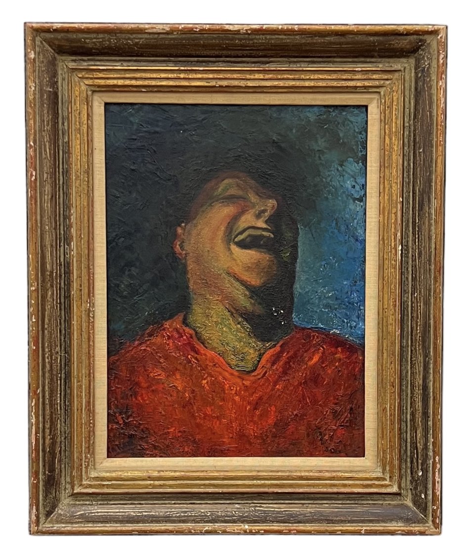Modernist Portrait Of A Man Laughing, Signed: Oil on board 12 x 16 in, 18 x 22 in (framed)