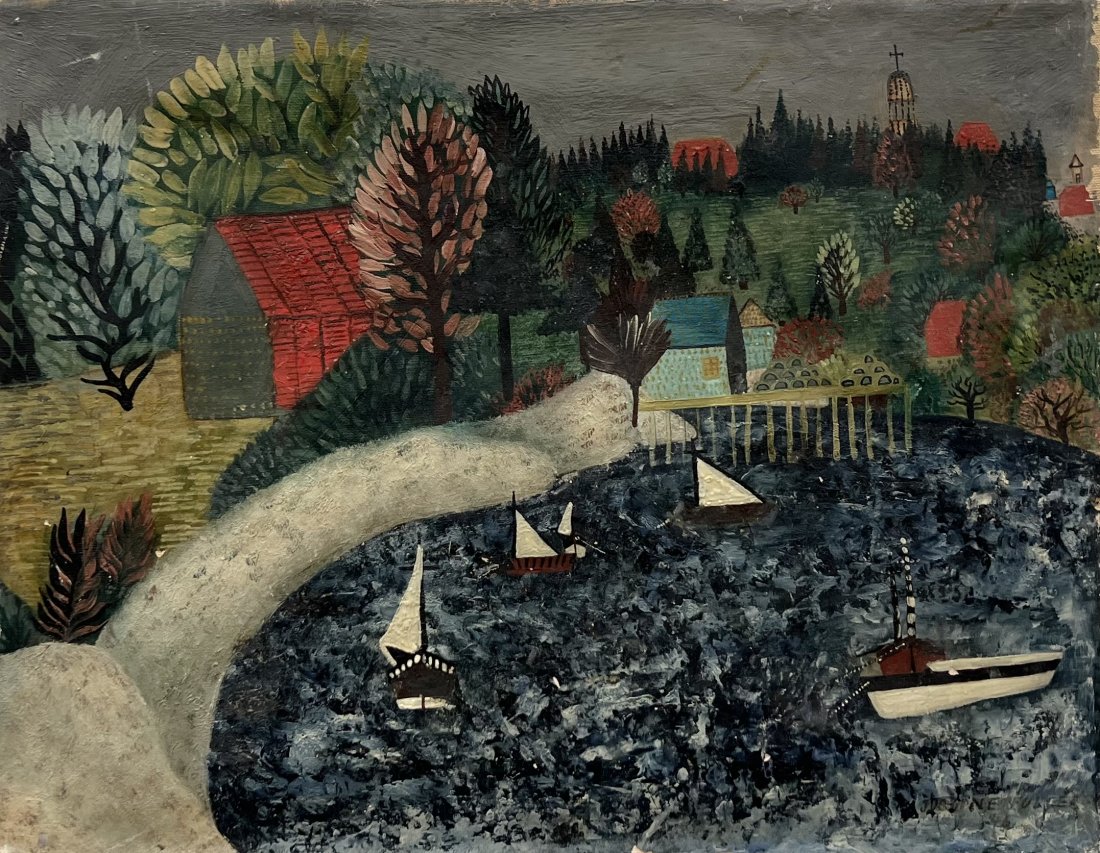 JUSTINE FULLER (1925-1965, New York) Coastline: Oil on canvas 18 x 14 in. From askart.com: Justine Fuller was born in the Midwest to missionary parents who raised her in Bangkok, Thailand. Later, Justine moved back to the United States on her own. 