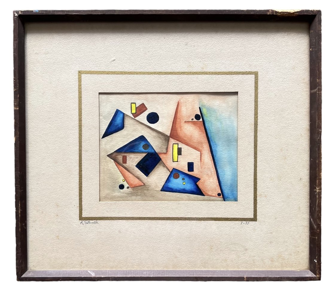 Mid- Century Modern Constructivist Abstract Painting, Signed: Watercolor 8 1/4 x 6 1/2 in, 18 x 16 in (framed)