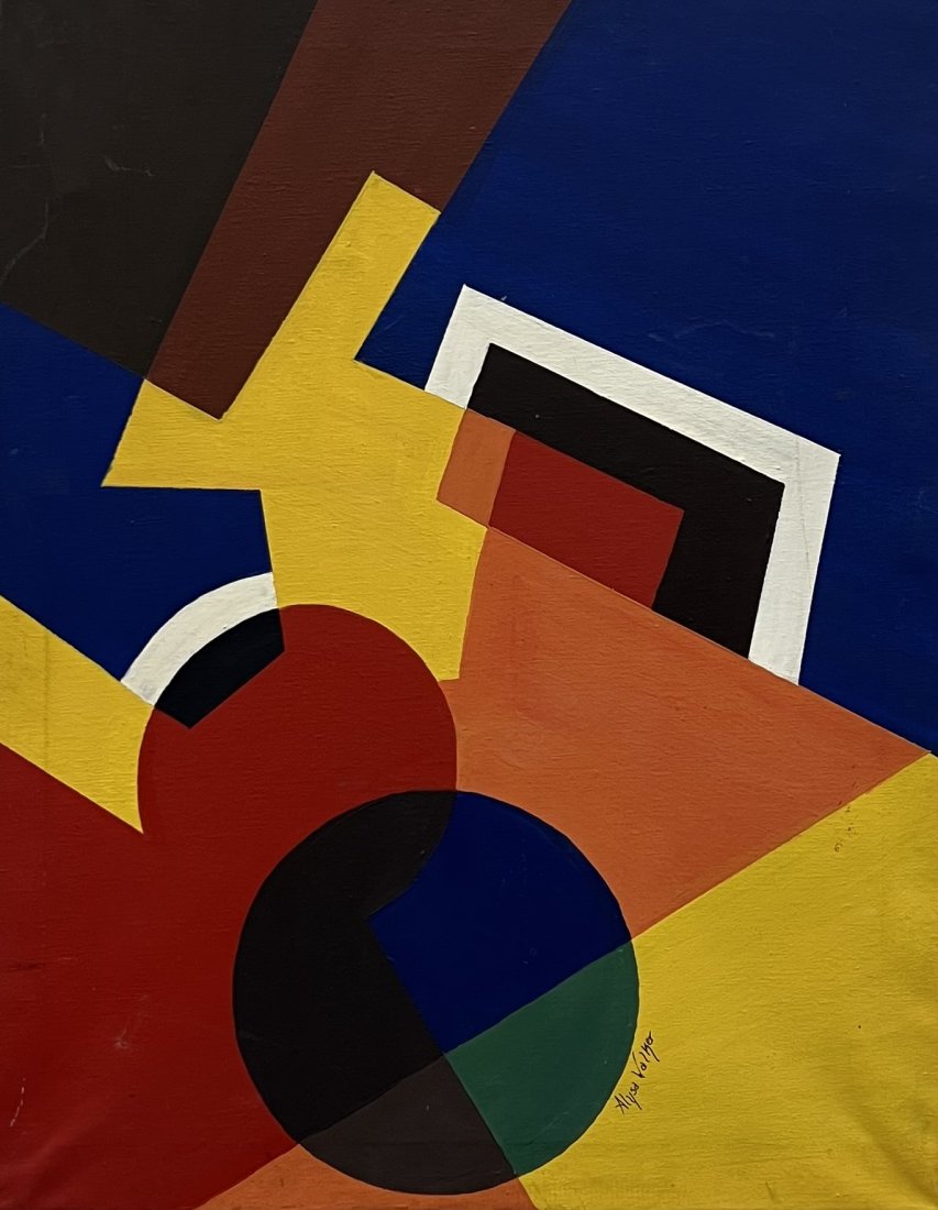 Mid-Century Modern Constructivist Hard Edge Abstract Painting, Signed: Oil on canvas 28 x 22 in