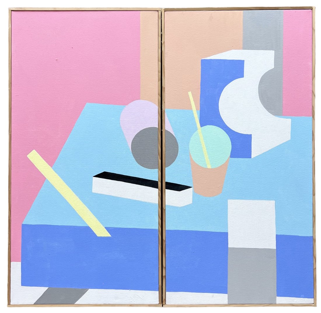 Vintage Hard Edge Still Life Diptych Painting, Unsigned: Oil on canvas 30.5 x 15.5 in