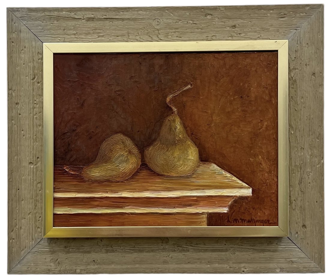 American Modernist Still Life Of Pears, Signed: Oil on canvas 11 x 14 in, 20 x 17 in