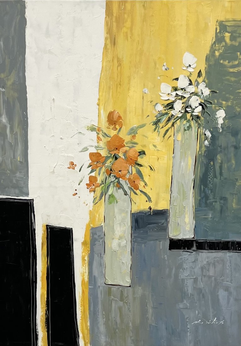 Large Modernist Still Life Of Flowers, Signed: Oil on canvas 45 x 33 in