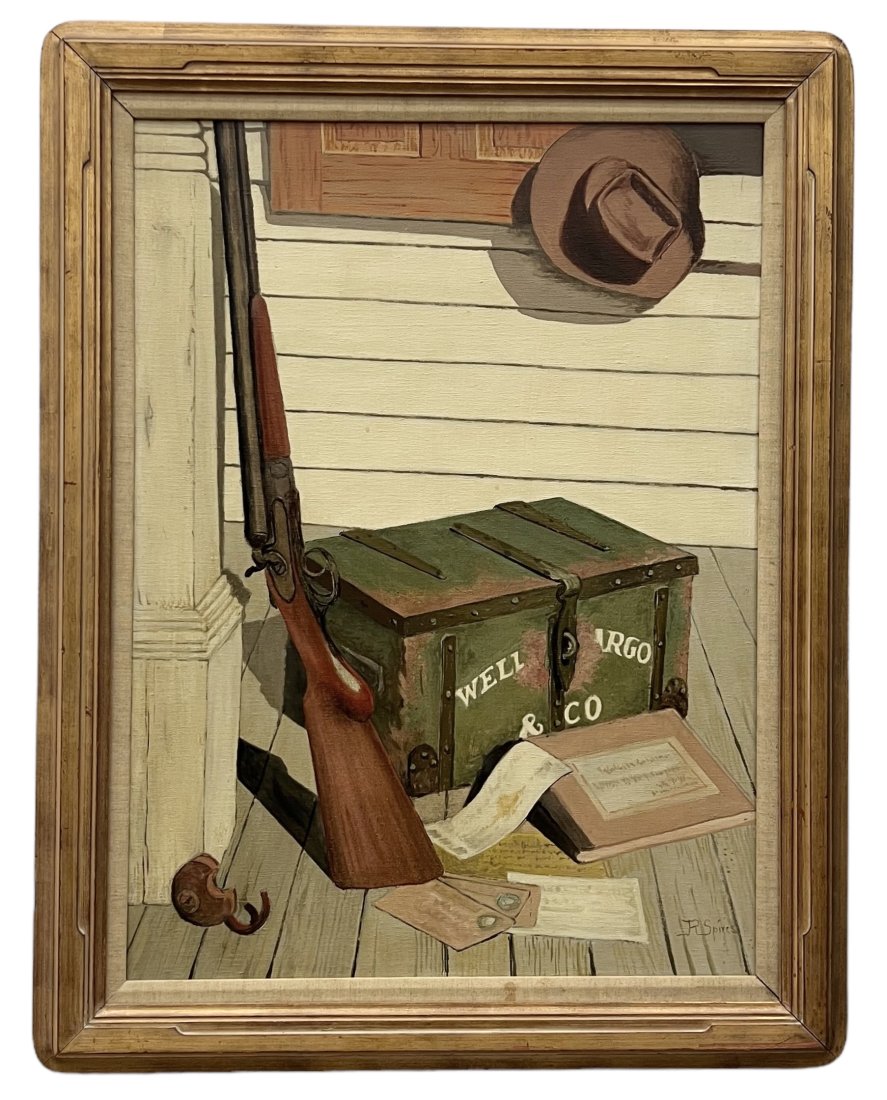 Western Outlaw Still Life Painting, Signed: Oil on canvas 30 x 22 in, 36.5 x 28.5 in (framed)