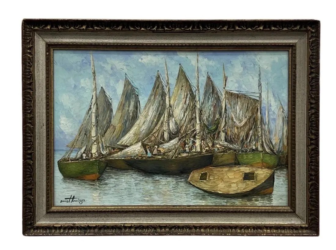 ERSNT LOUIZOR (1938-2011, Haitian) Impressionist Harbor Scene: Oil on canvas 24 x 16 in, 29 x 21 in (framed).
