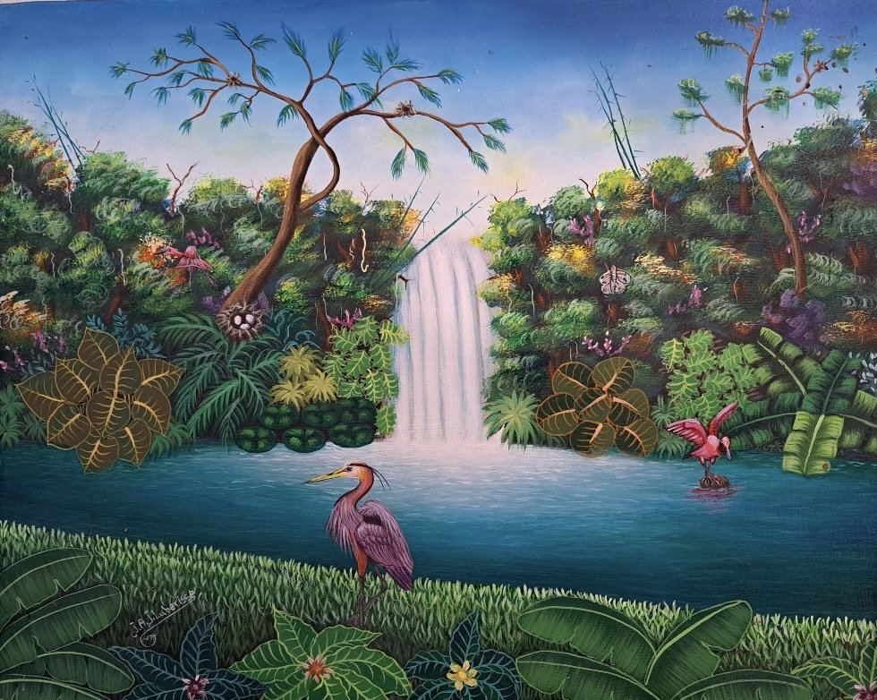 JAJ Luberisse (20th c, Haiti) Jungle Waterfall Landscape: Oil on canvas 16 x 20 in