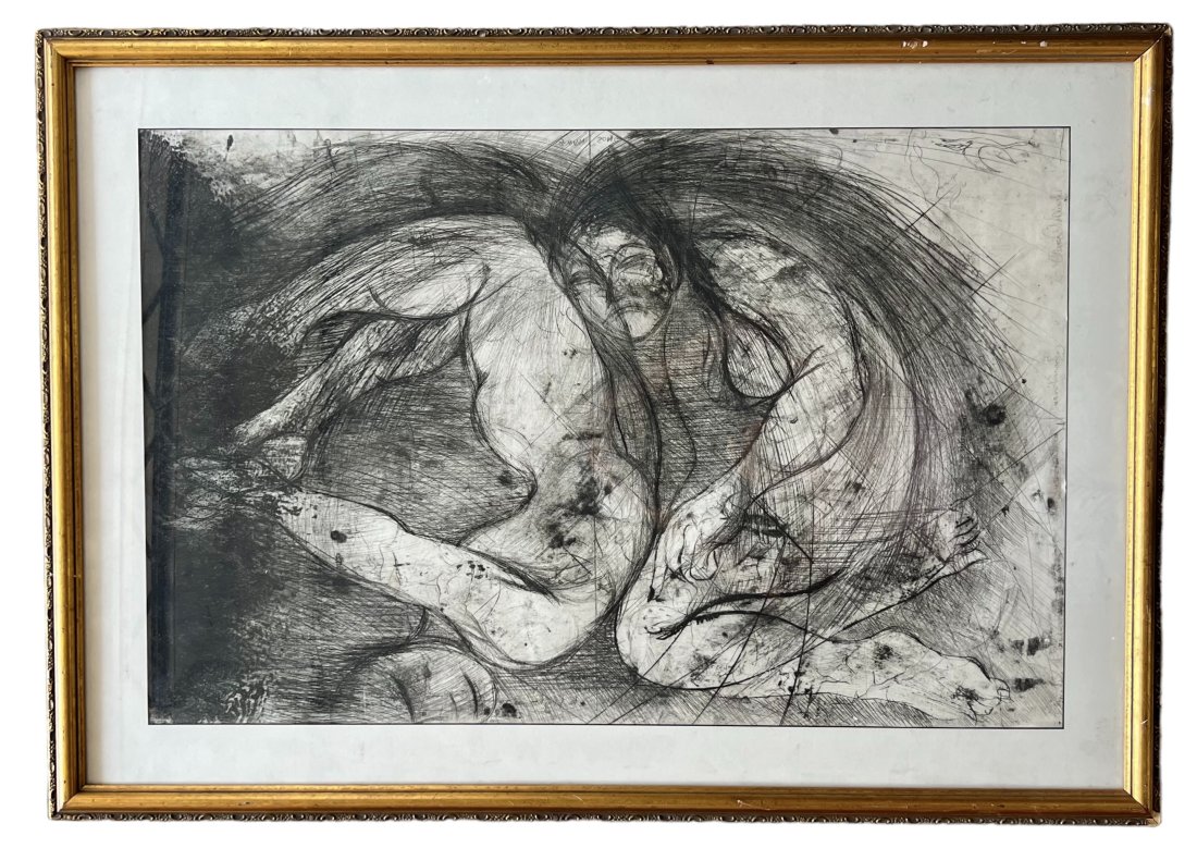 Impressive Figural Ink Drawing With Multiple Signatures: 34 3/4 x 22 1/2 in, 42 1/2 x 30 in (framed)