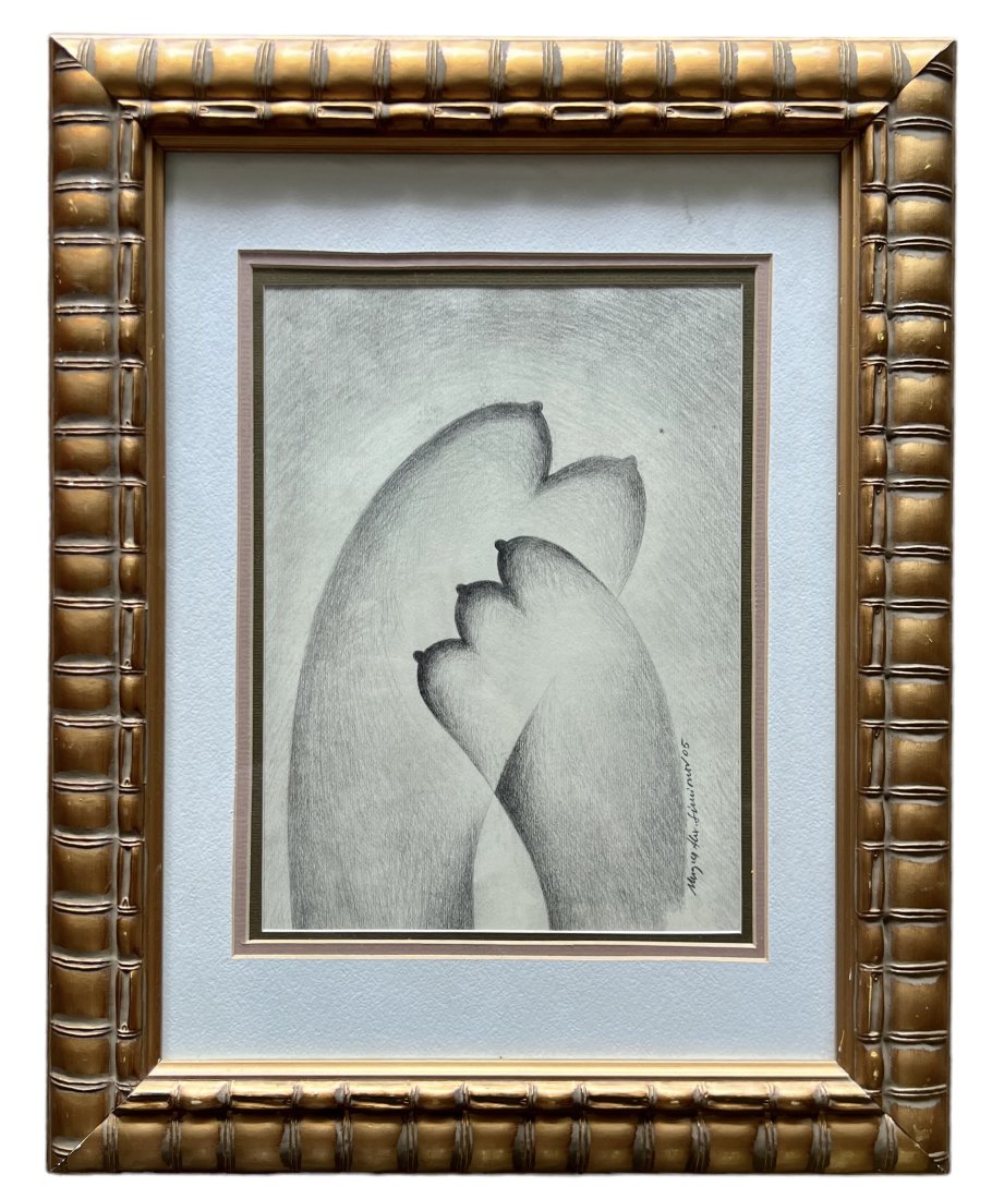 Surrealist Graphite Drawing Signed By Unknown Artist: 10 3/4 x 8 in, 19 1/2 x 15 1/2 in (framed)