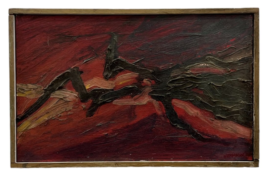 ROBERT HERNDON (20th c, American) Mid-Century Abstract: Oil on board 12.5 x 8 in