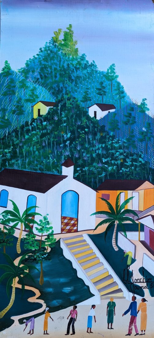 CLAUDE JOACHIN (20th c, Haiti) Landscape: Oil on masonite 25 x 12 in